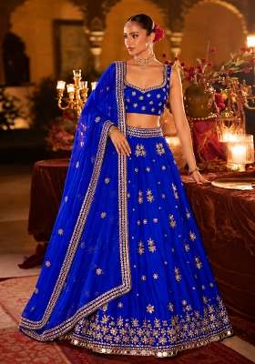 Blue Mirror Work Georgette Lehenga Set With Matching Dupatta