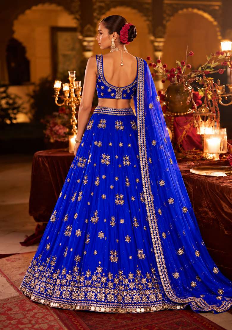 Blue Mirror Work Georgette Lehenga Set With Matching Dupatta - Indya
