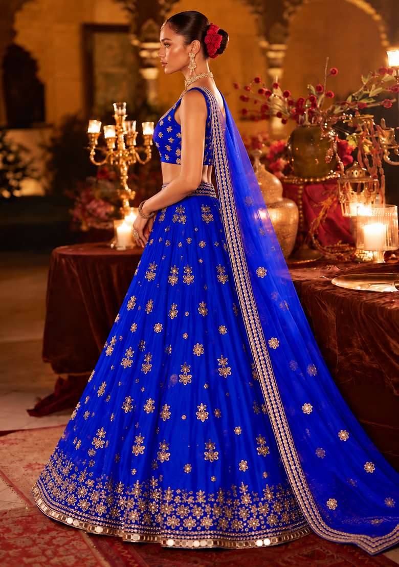 Blue Mirror Work Georgette Lehenga Set With Matching Dupatta - Indya