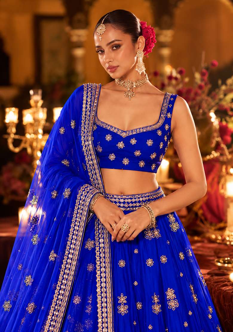 Blue Mirror Work Georgette Lehenga Set With Matching Dupatta - Indya