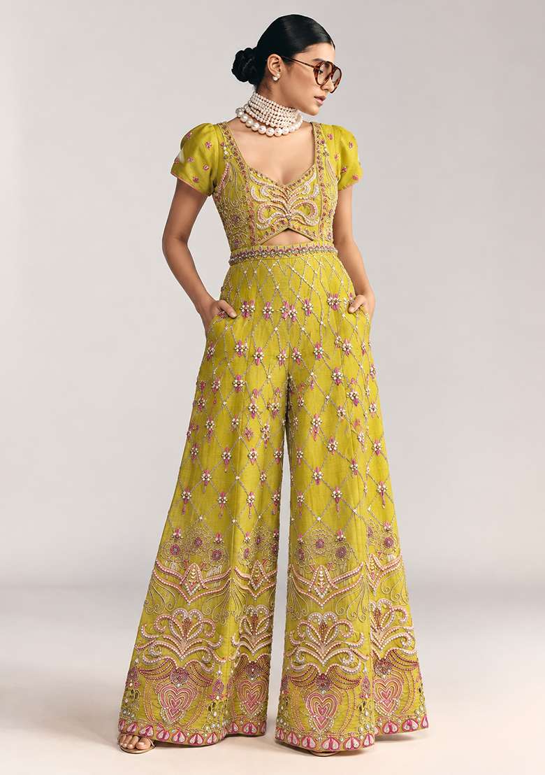 Lemon Yellow Chanderi Silk Beaded Jumpsuit - Indya