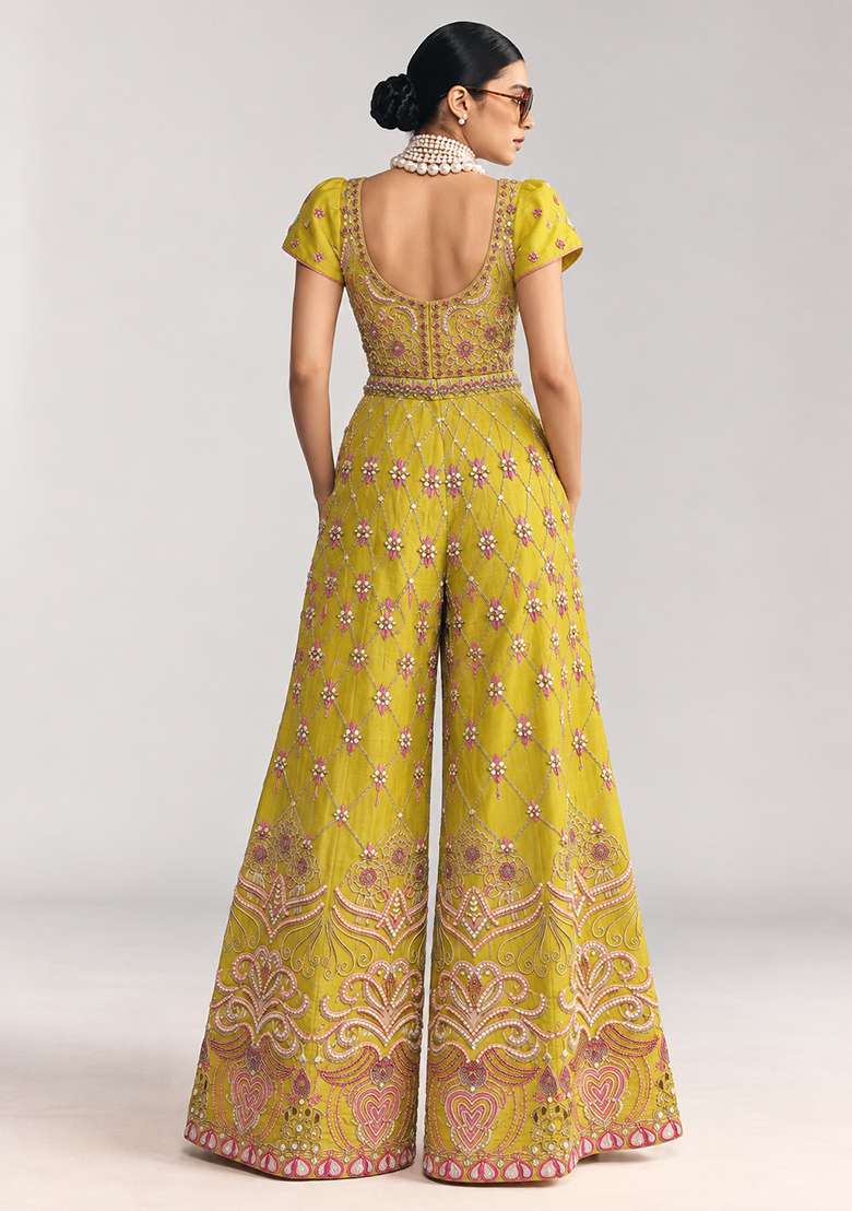 Lemon Yellow Chanderi Silk Beaded Jumpsuit - Indya