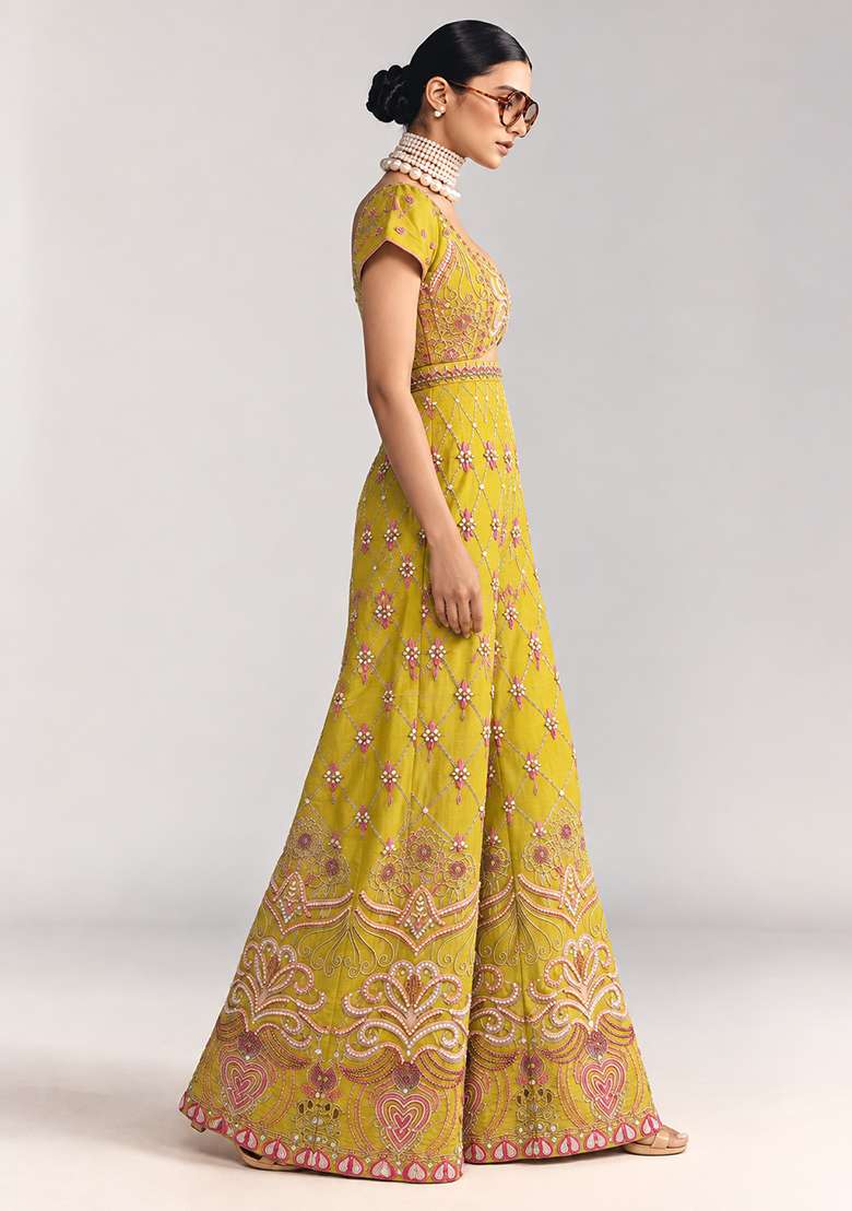 Lemon Yellow Chanderi Silk Beaded Jumpsuit - Indya