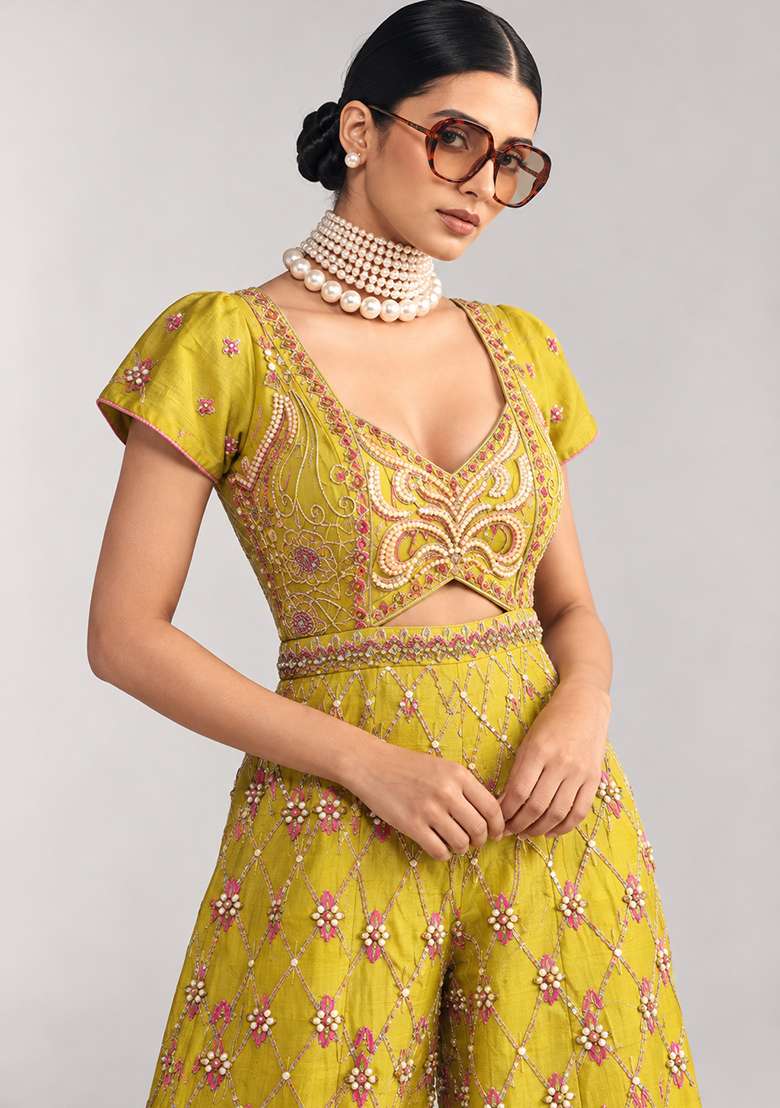 Lemon Yellow Chanderi Silk Beaded Jumpsuit - Indya