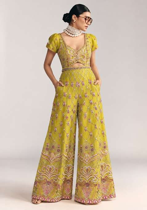 Lemon Yellow Chanderi Silk Beaded Jumpsuit