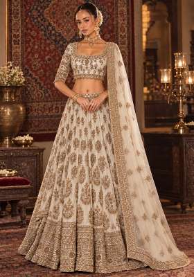White Cutdana Embellished Chanderi Silk Lehenga Set With Net Dupatta