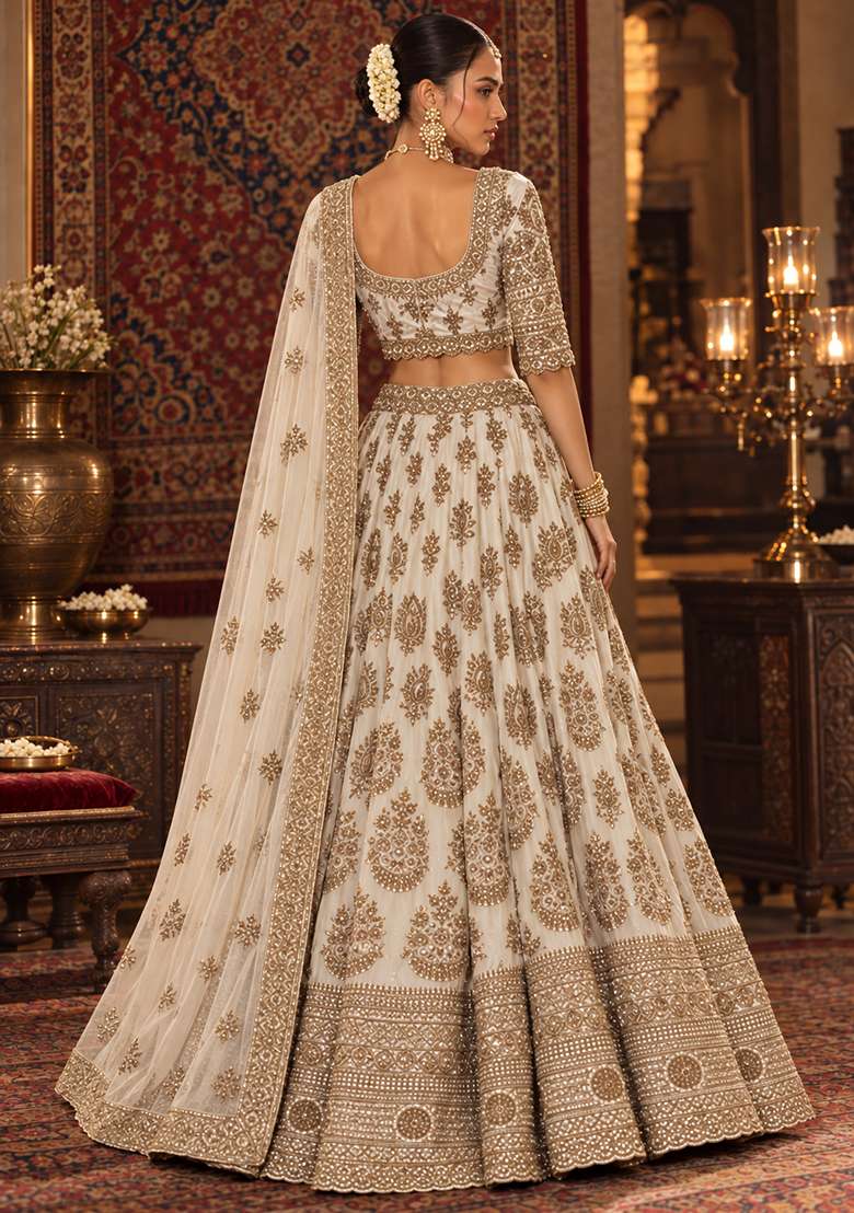 White Cutdana Embellished Chanderi Silk Lehenga Set With Net Dupatta - Indya
