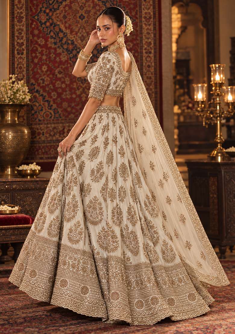 White Cutdana Embellished Chanderi Silk Lehenga Set With Net Dupatta - Indya