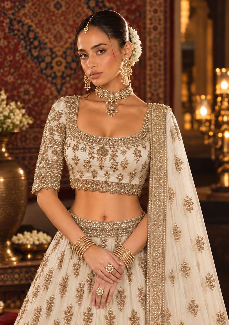 White Cutdana Embellished Chanderi Silk Lehenga Set With Net Dupatta - Indya