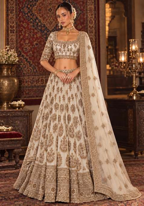 White Cutdana Embellished Chanderi Silk Lehenga Set With Net Dupatta