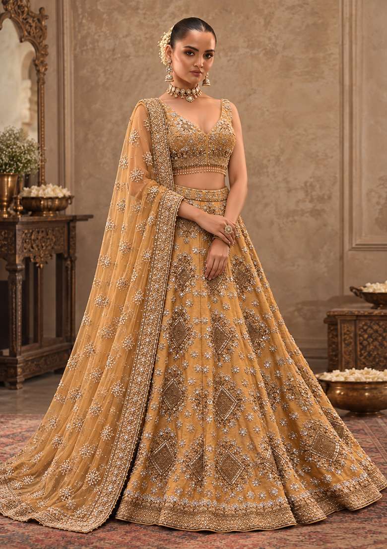Caramel Brown Sequin And Cutdana Embellished Chanderi Silk Lehenga Choli Set - Indya