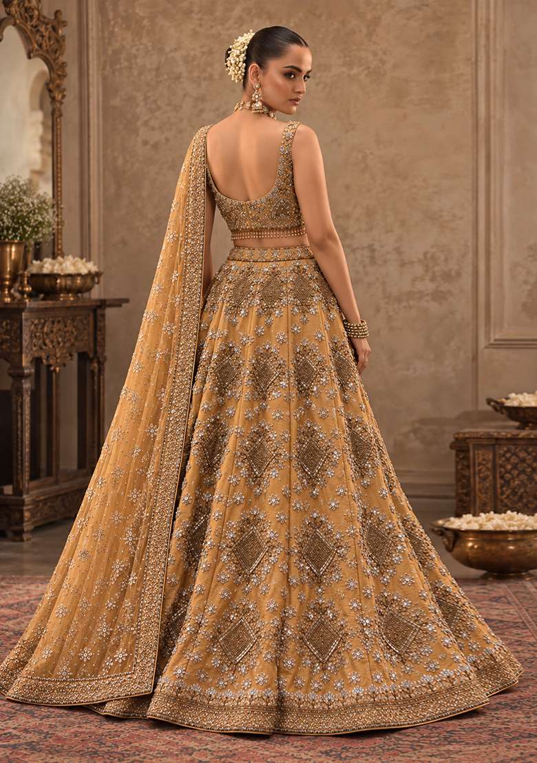 Caramel Brown Sequin And Cutdana Embellished Chanderi Silk Lehenga Choli Set - Indya