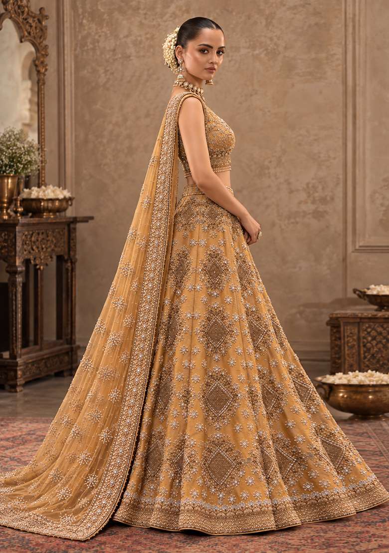 Caramel Brown Sequin And Cutdana Embellished Chanderi Silk Lehenga Choli Set - Indya
