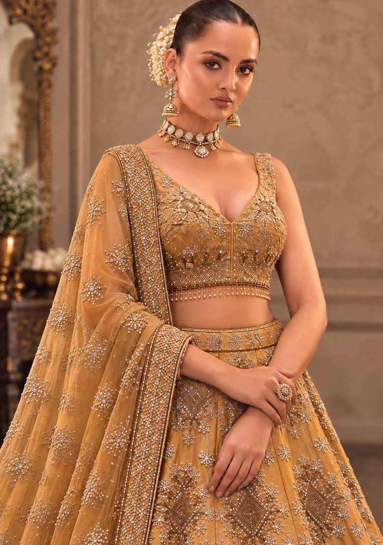 Caramel Brown Sequin And Cutdana Embellished Chanderi Silk Lehenga Choli Set - Indya