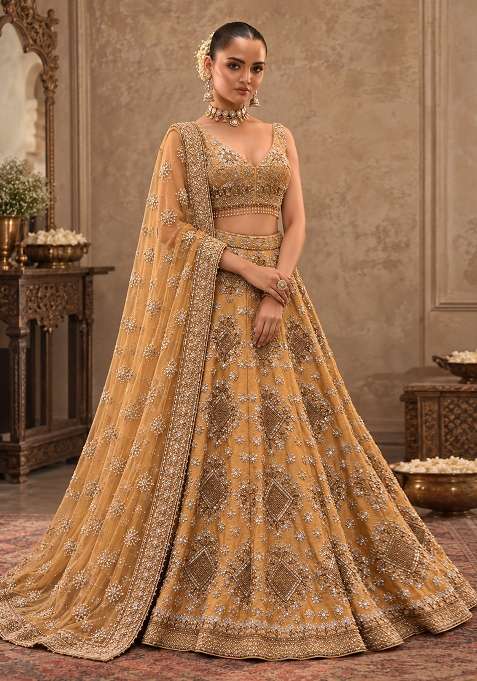 Caramel Brown Sequin And Cutdana Embellished Chanderi Silk Lehenga Choli Set