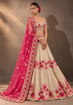 Beige Sequin And Cutdana Embellished Chanderi Silk Lehenga Set With Organza Dupatta