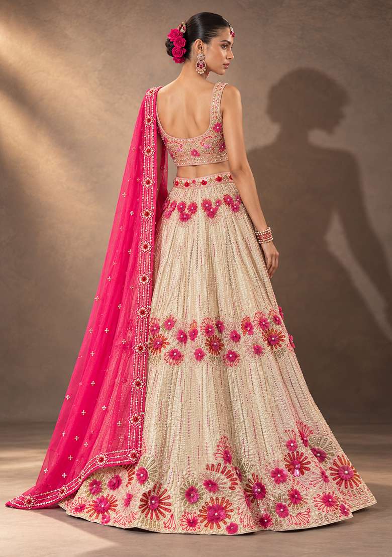Beige Sequin And Cutdana Embellished Chanderi Silk Lehenga Set With Organza Dupatta - Indya