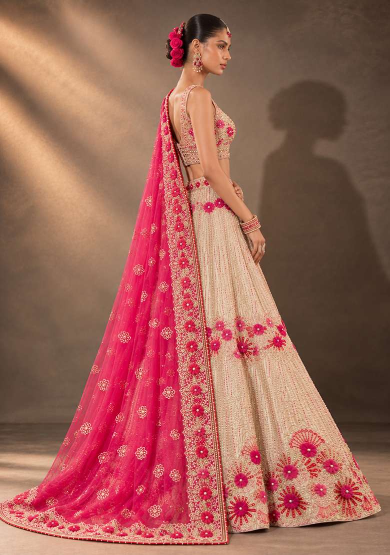 Beige Sequin And Cutdana Embellished Chanderi Silk Lehenga Set With Organza Dupatta - Indya