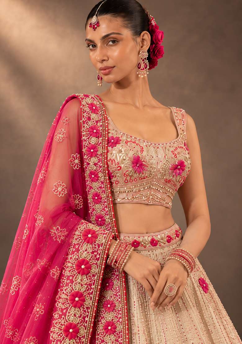 Beige Sequin And Cutdana Embellished Chanderi Silk Lehenga Set With Organza Dupatta - Indya