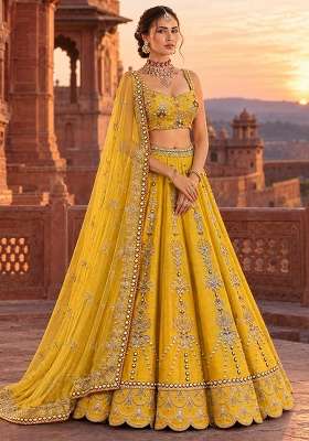 Lemon Yellow Sequin And Bead Embellished Chanderi Silk Lehenga Set With Organza Dupatta