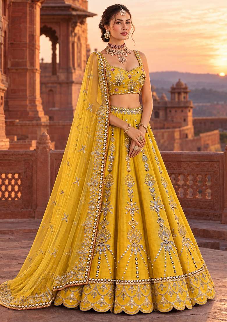 Lemon Yellow Sequin And Bead Embellished Chanderi Silk Lehenga Set With Organza Dupatta - Indya