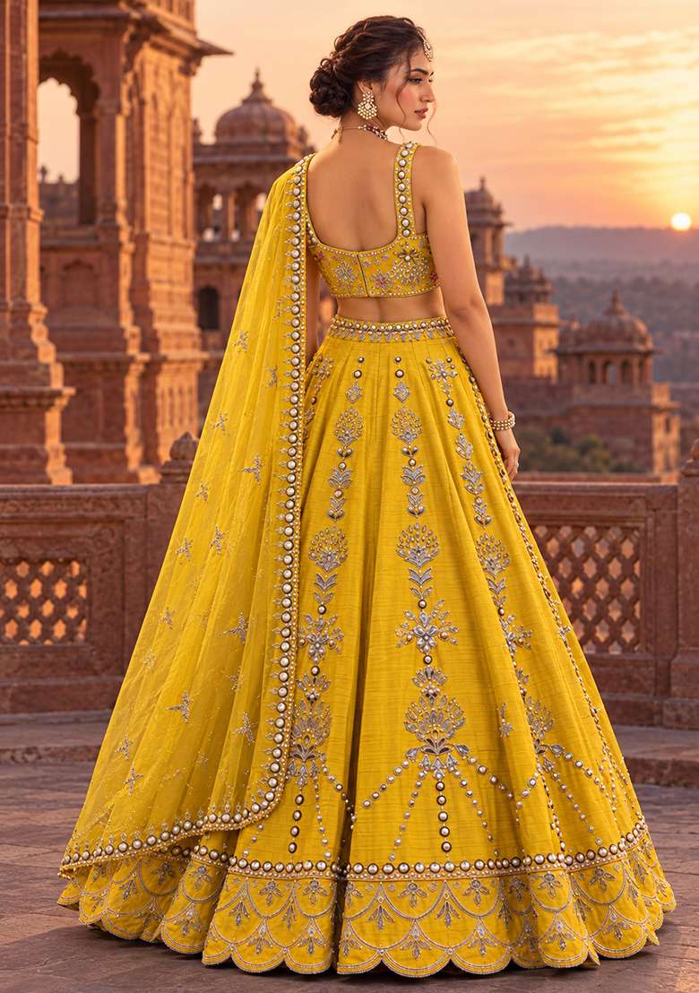 Lemon Yellow Sequin And Bead Embellished Chanderi Silk Lehenga Set With Organza Dupatta - Indya