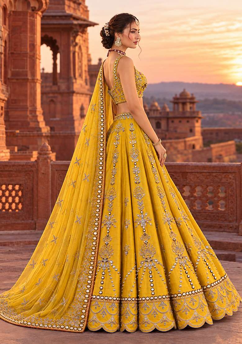 Lemon Yellow Sequin And Bead Embellished Chanderi Silk Lehenga Set With Organza Dupatta - Indya