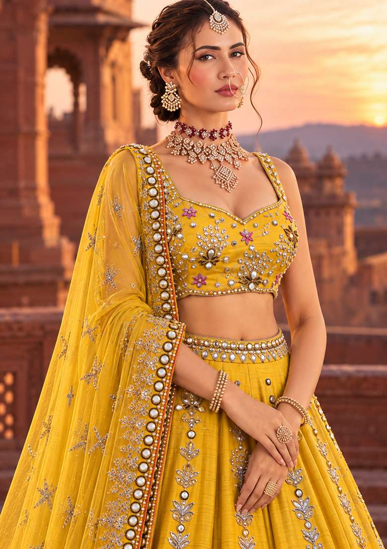 Lemon Yellow Sequin And Bead Embellished Chanderi Silk Lehenga Set With Organza Dupatta - Indya