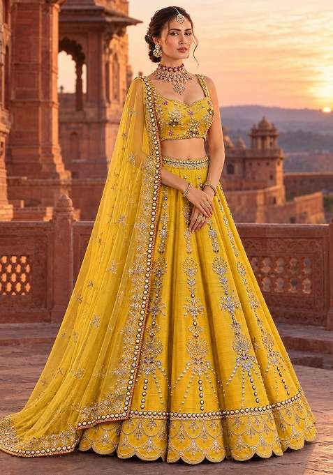 Lemon Yellow Sequin And Bead Embellished Chanderi Silk Lehenga Set With Organza Dupatta