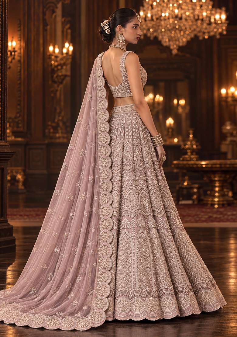 Light Pink Sequin And Cutdana Embellished Georgette Lehenga Set With Matching Dupatta - Indya