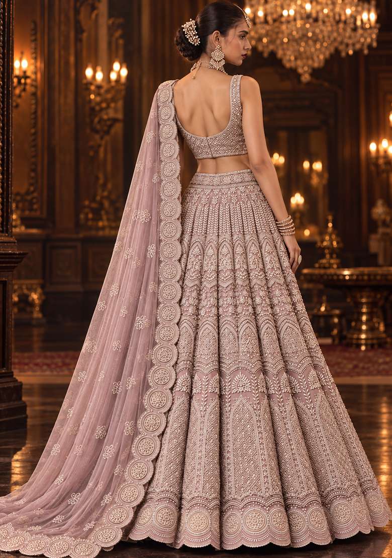 Light Pink Sequin And Cutdana Embellished Georgette Lehenga Set With Matching Dupatta - Indya
