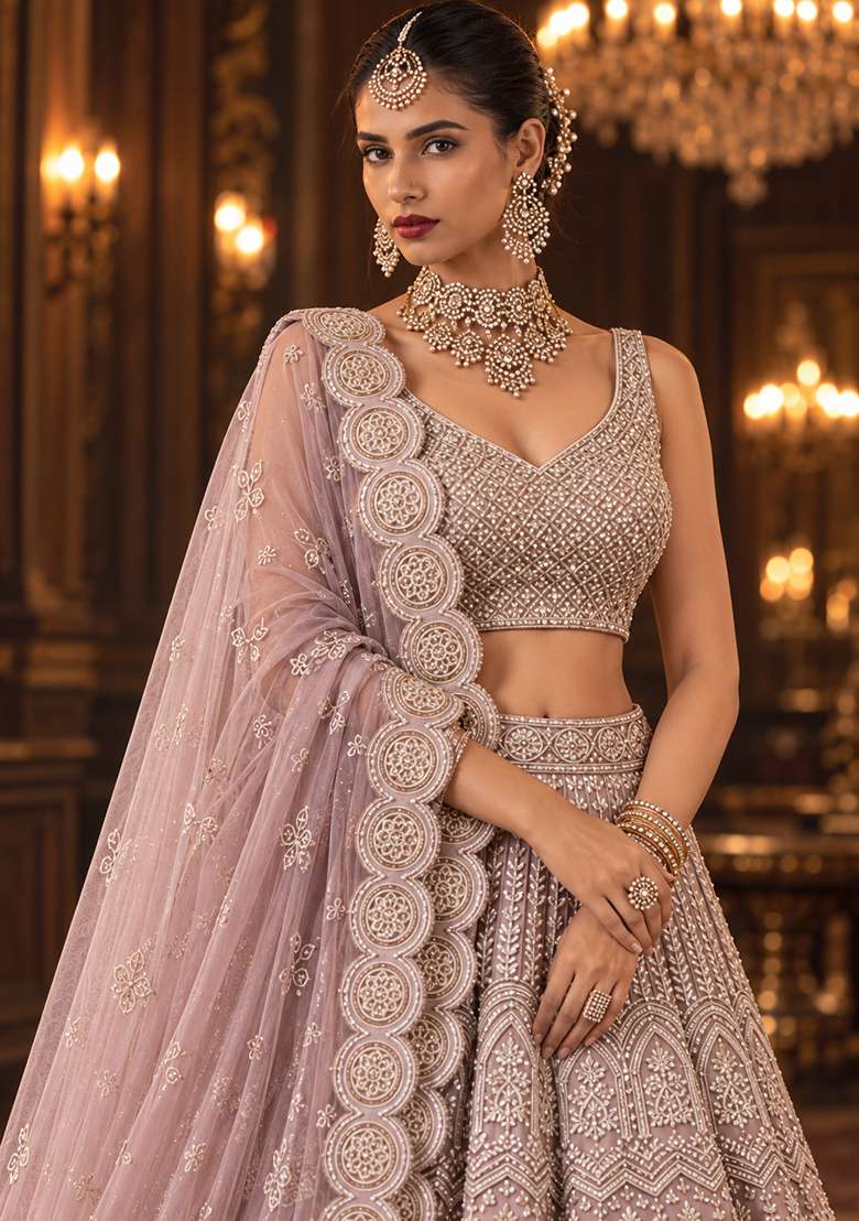 Light Pink Sequin And Cutdana Embellished Georgette Lehenga Set With Matching Dupatta - Indya