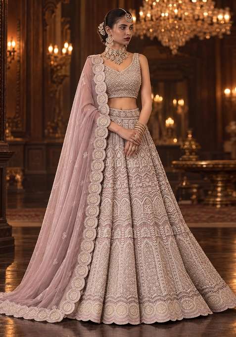 Light Pink Sequin And Cutdana Embellished Georgette Lehenga Set With Matching Dupatta