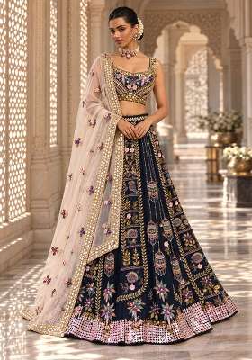 Blue Sequin And Bead Embellished Chanderi Silk Lehenga Set With Organza Dupatta