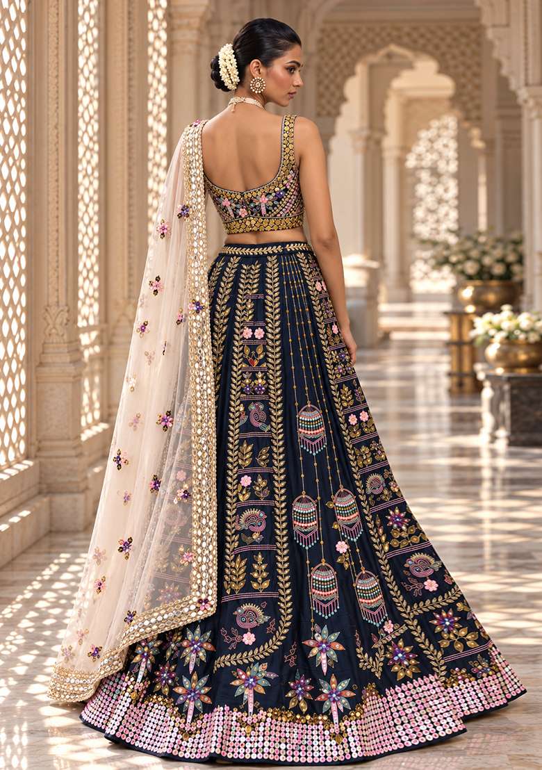 Blue Sequin And Bead Embellished Chanderi Silk Lehenga Set With Organza Dupatta - Indya