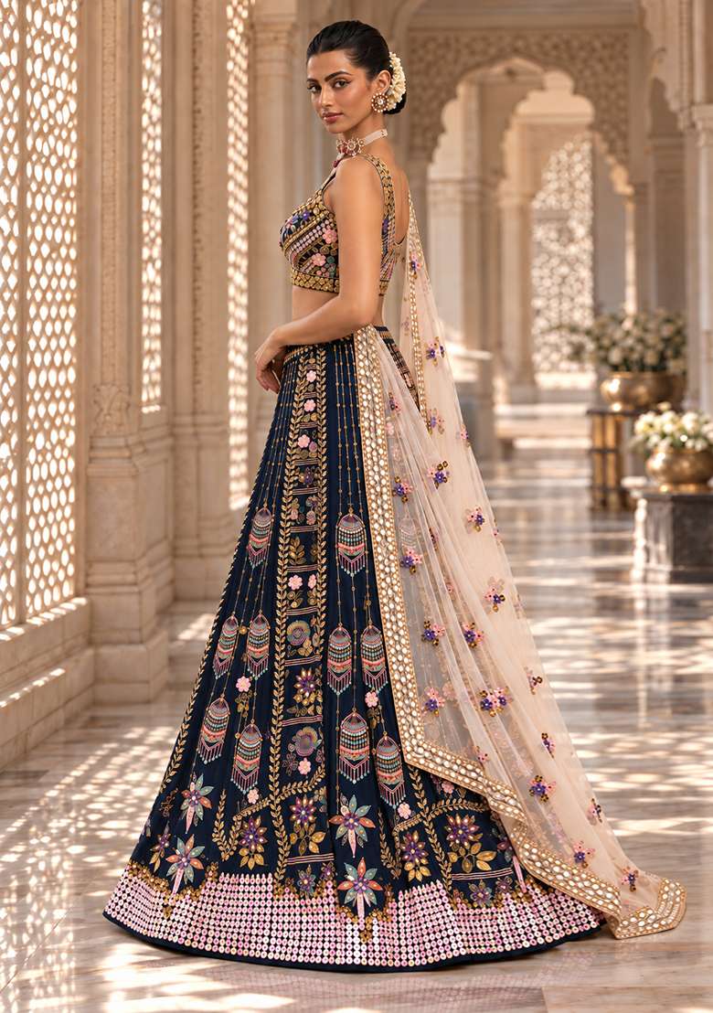 Blue Sequin And Bead Embellished Chanderi Silk Lehenga Set With Organza Dupatta - Indya