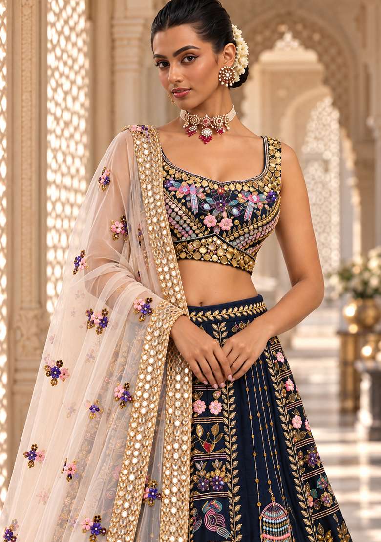Blue Sequin And Bead Embellished Chanderi Silk Lehenga Set With Organza Dupatta - Indya