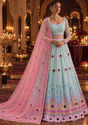 Light Blue Mirror And Bead Embellished Net Lehenga Set With Matching Dupatta
