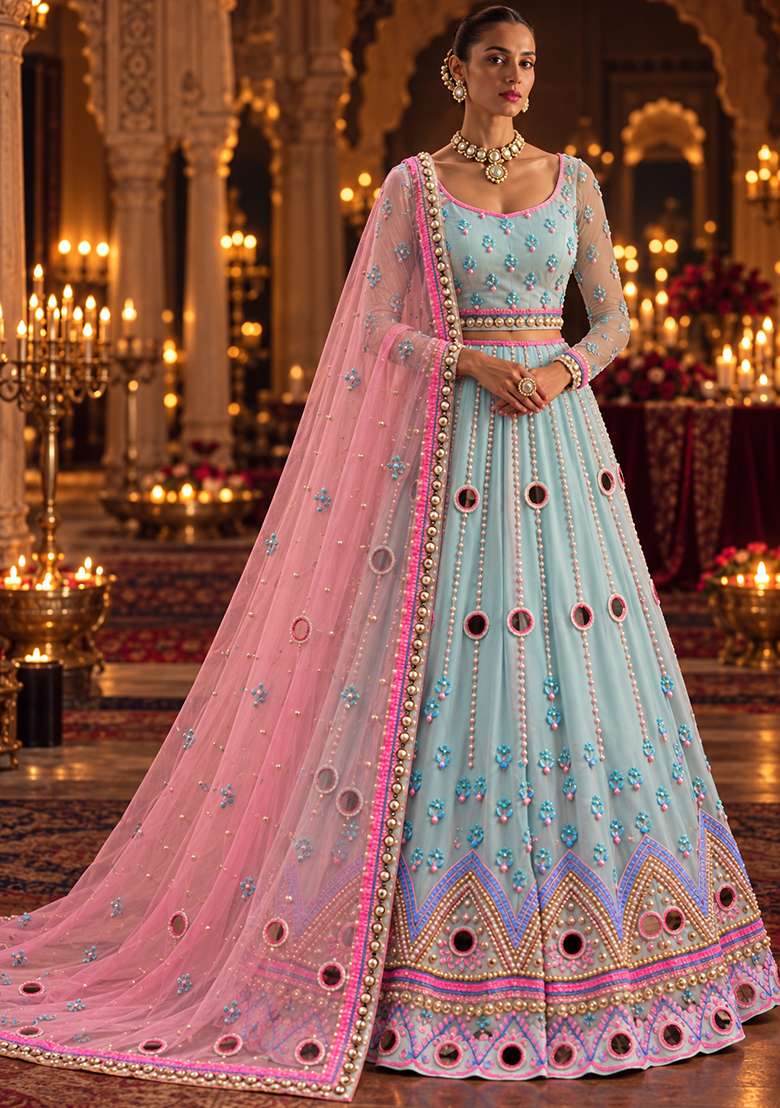Light Blue Mirror And Bead Embellished Net Lehenga Set With Matching Dupatta - Indya