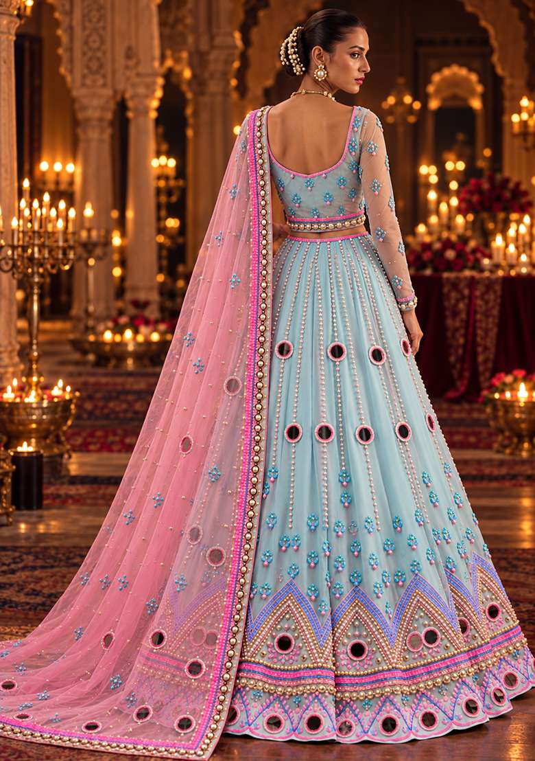 Light Blue Mirror And Bead Embellished Net Lehenga Set With Matching Dupatta - Indya