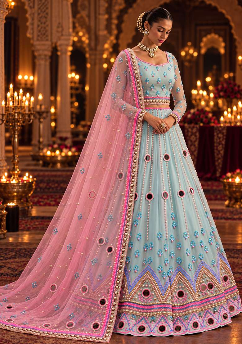 Light Blue Mirror And Bead Embellished Net Lehenga Set With Matching Dupatta - Indya
