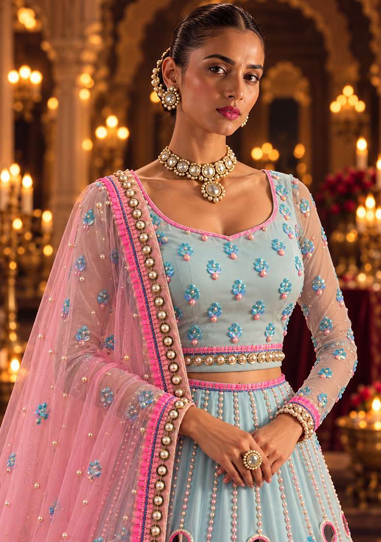 Light Blue Mirror And Bead Embellished Net Lehenga Set With Matching Dupatta - Indya