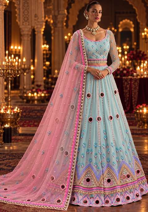 Light Blue Mirror And Bead Embellished Net Lehenga Set With Matching Dupatta