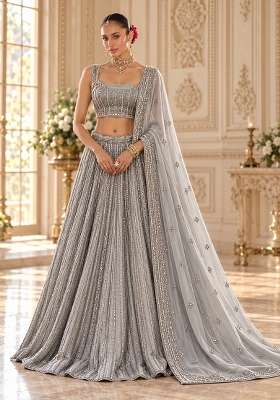 Grey Cutdana Embellished Georgette Lehenga Set With Matching Dupatta