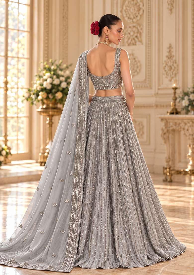 Grey Cutdana Embellished Georgette Lehenga Set With Matching Dupatta - Indya