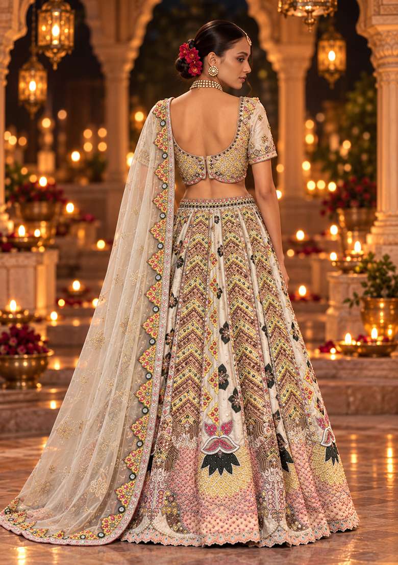 Pista Green Sequin And Bead Embellished Chanderi Silk Lehenga Set With Net Dupatta - Indya