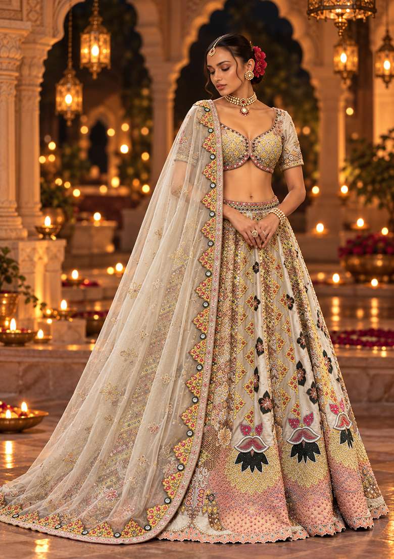 Pista Green Sequin And Bead Embellished Chanderi Silk Lehenga Set With Net Dupatta - Indya