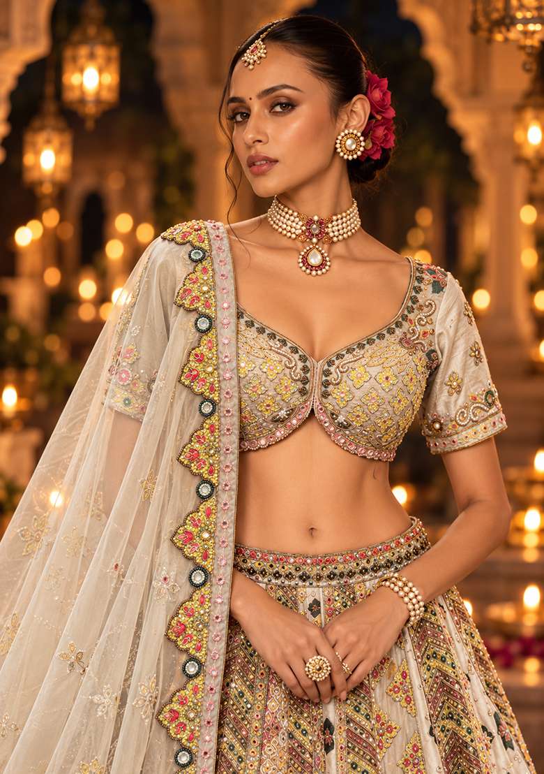 Pista Green Sequin And Bead Embellished Chanderi Silk Lehenga Set With Net Dupatta - Indya