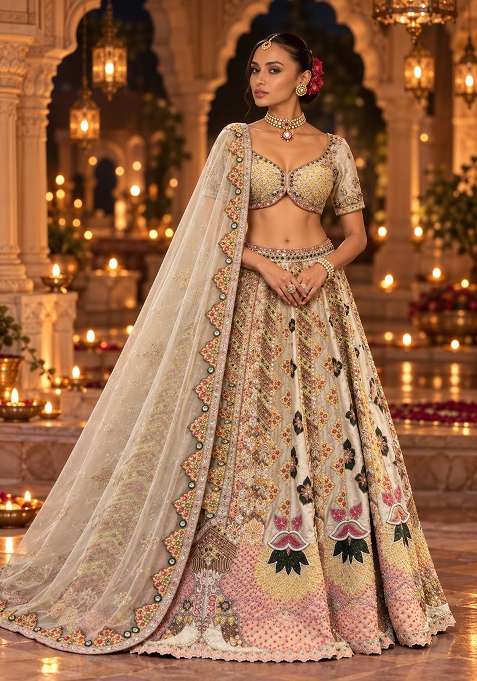 Pista Green Sequin And Bead Embellished Chanderi Silk Lehenga Set With Net Dupatta
