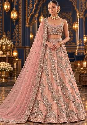 Light Pink Mirror And Zari Embellished Organza Lehenga Set With Net Dupatta